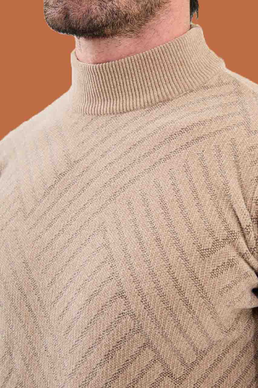 Men's Slim Fit Beige Knit Mock Neck Pattern Sweater