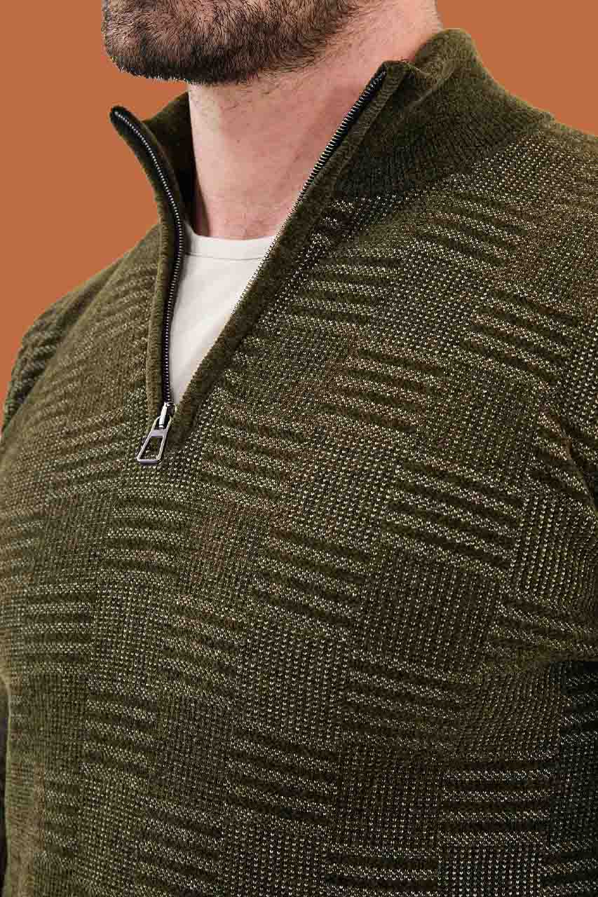 Men's Slim Fit Khaki Knit Quarter-Zip Polo Sweater