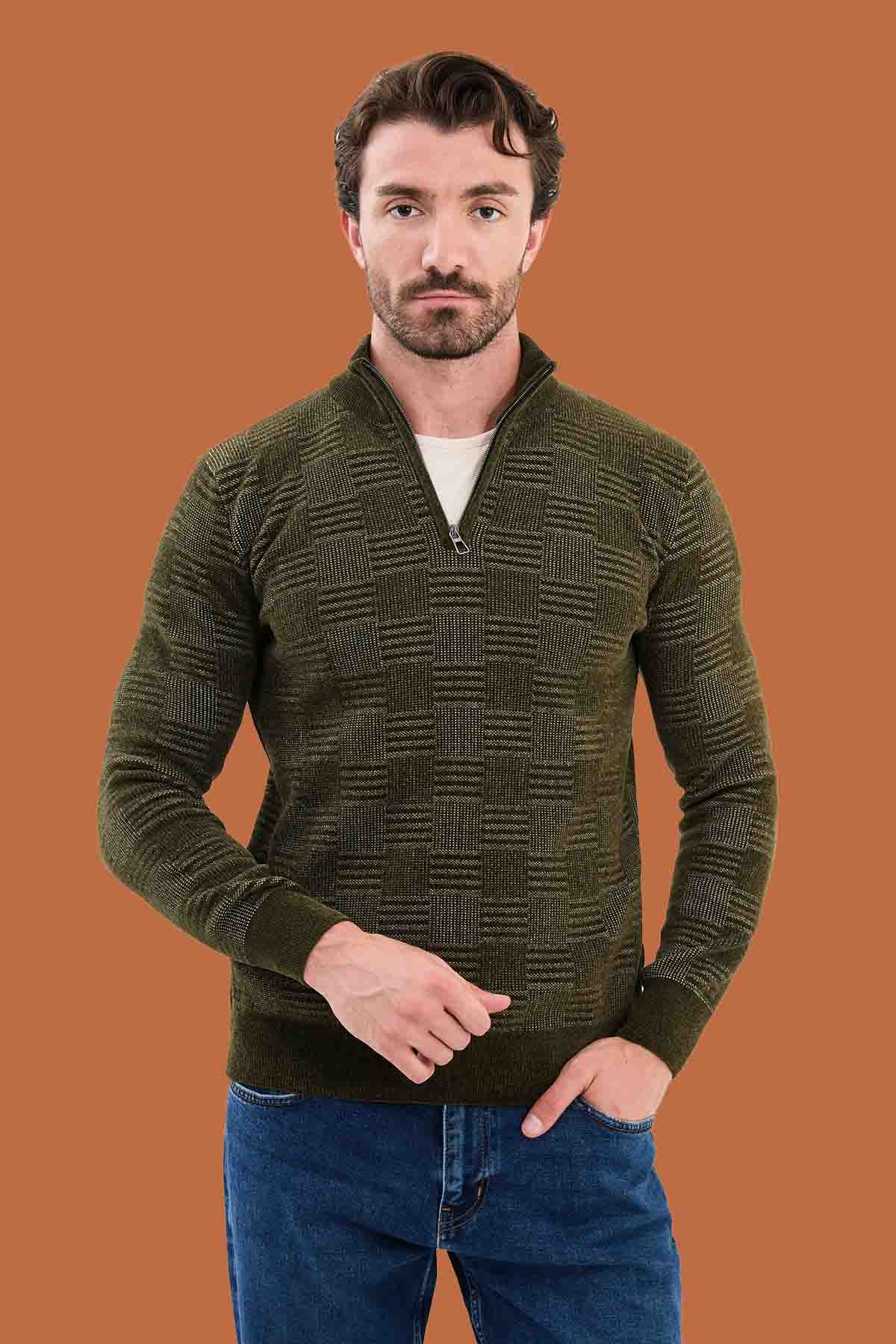 Men's Slim Fit Khaki Knit Quarter-Zip Polo Sweater