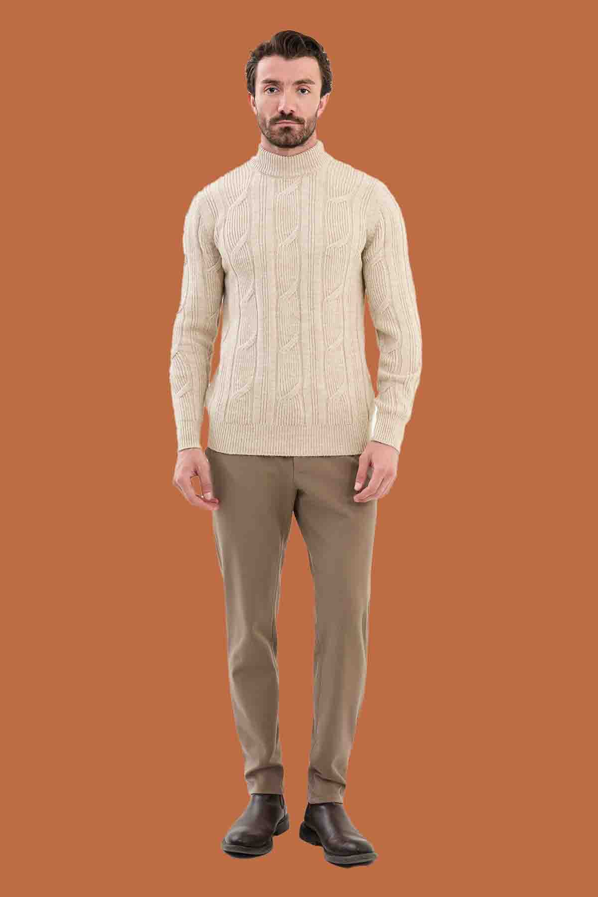 Beige Cable Knit Mock Neck Sweater - Slim Fit