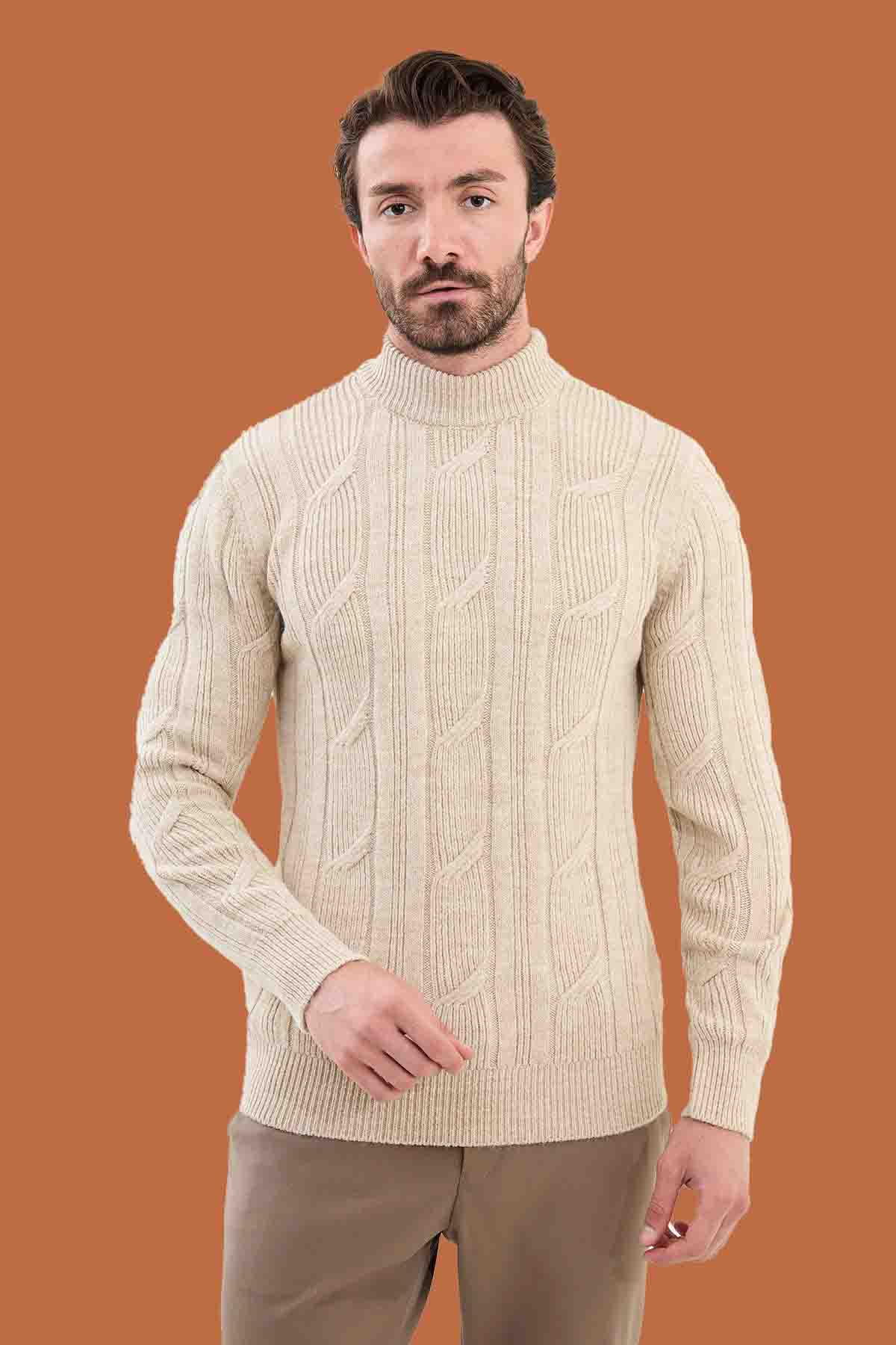 Beige Cable Knit Mock Neck Sweater - Slim Fit