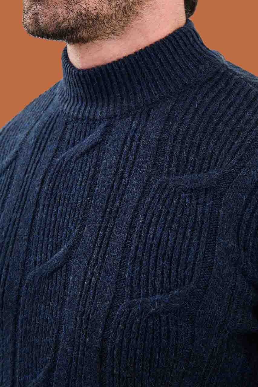 Navy Blue Cable Knit Mock Neck Sweater - Slim Fit