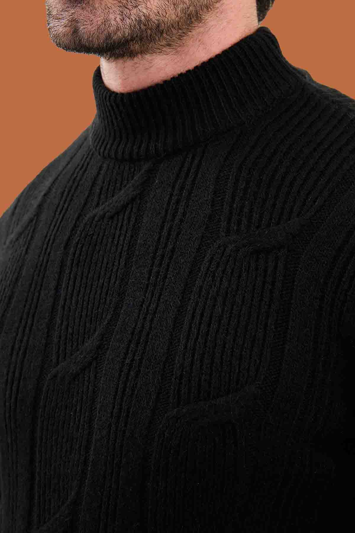 Black Cable Knit Mock Neck Sweater - Slim Fit