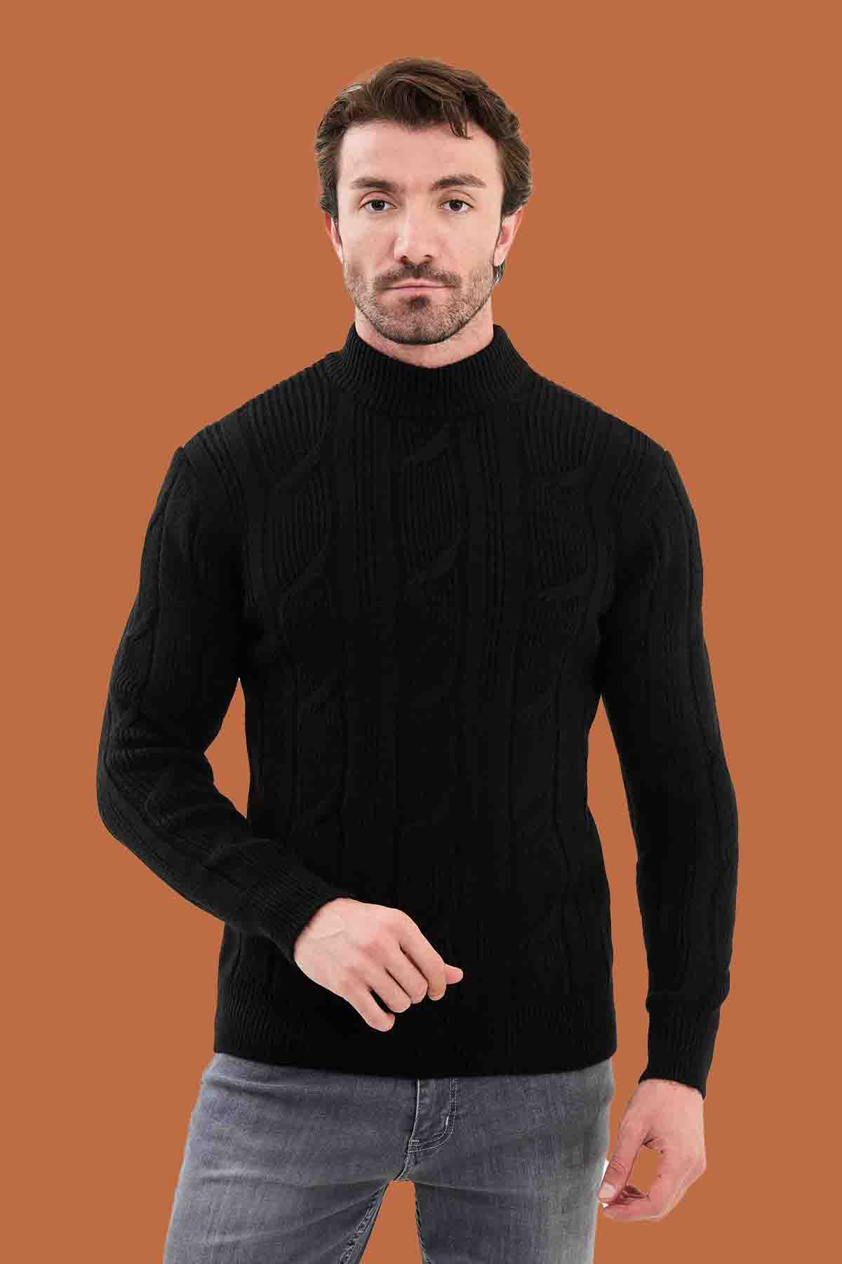 Black Cable Knit Mock Neck Sweater - Slim Fit