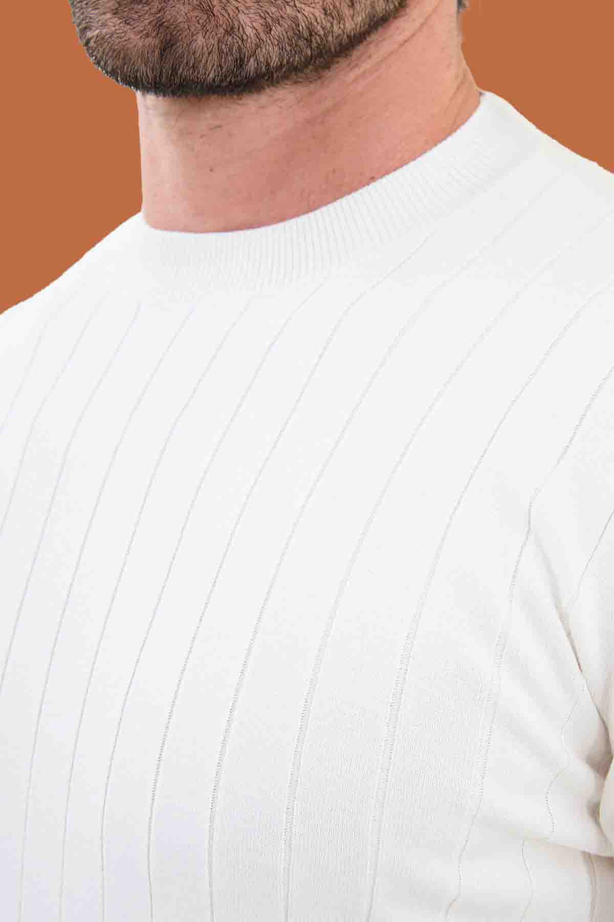 White Slim Fit Ribbed Knit Sweater for Men | S-XXL