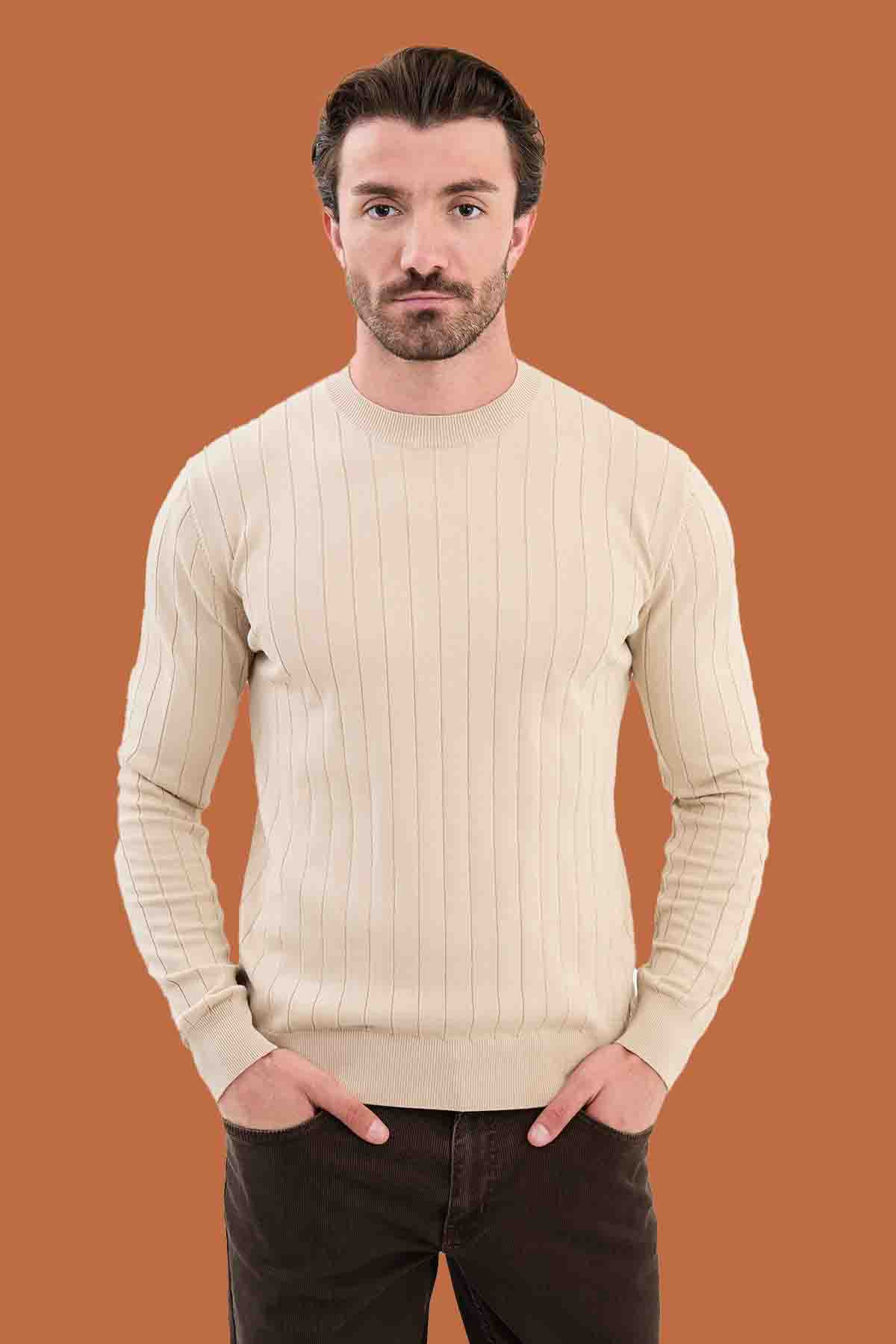 Beige Slim Fit Ribbed Knit Sweater for Men | S-XXL