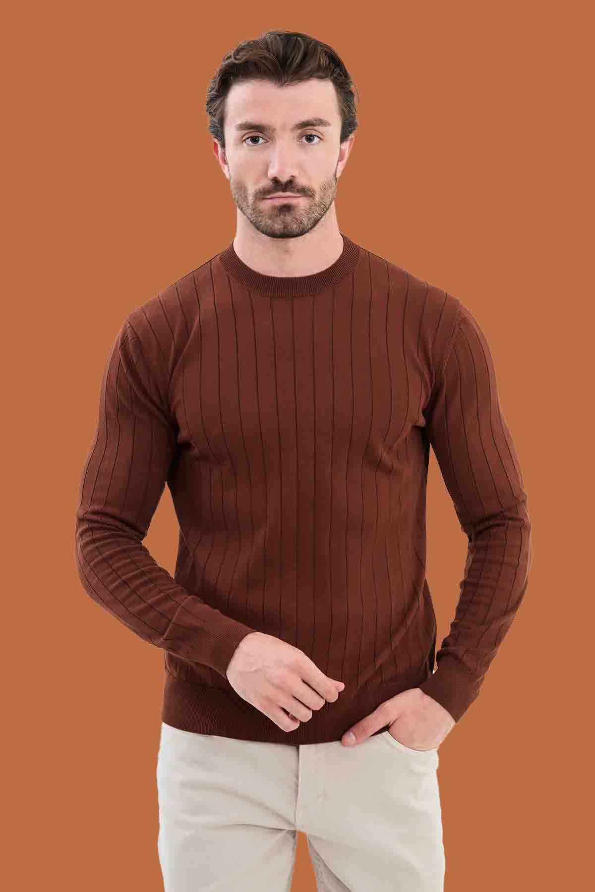Tile Red Slim Fit Ribbed Knit Sweater for Men | S-XXL