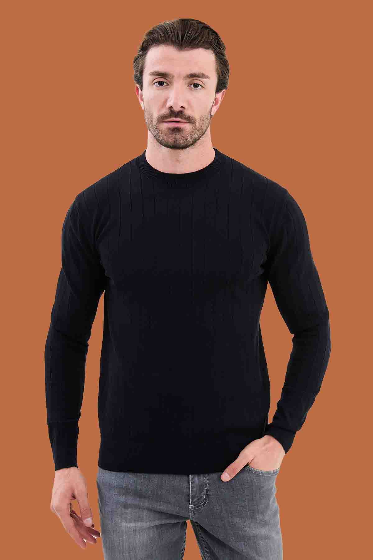 Navy Slim Fit Ribbed Knit Sweater for Men | S-XXL