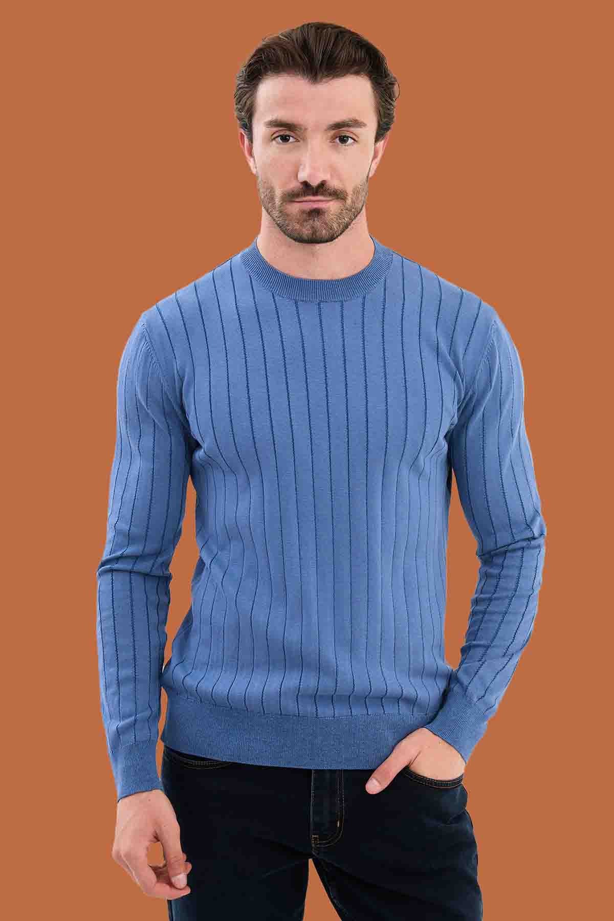 Sky Blue Slim Fit Ribbed Knit Sweater for Men | S-XXL