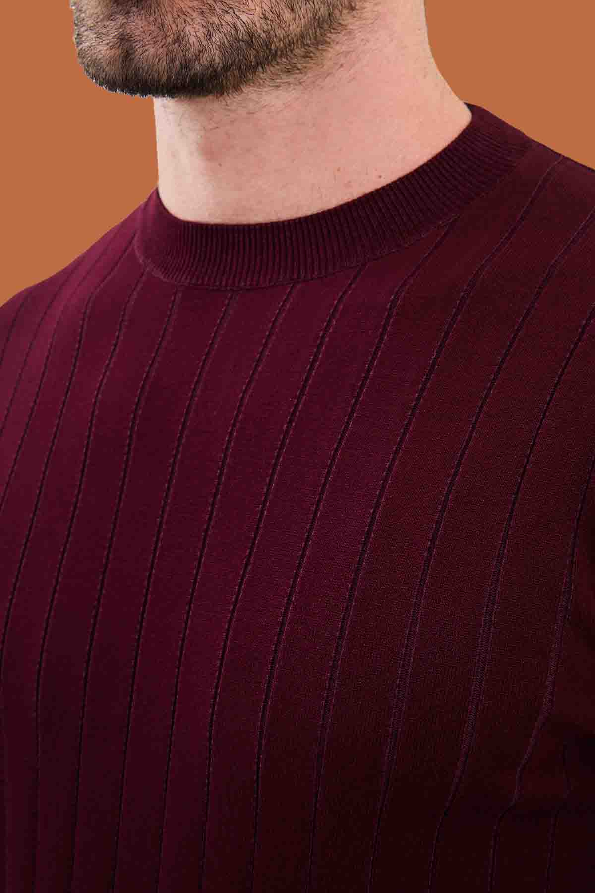 Burgundy Slim Fit Ribbed Knit Sweater for Men | S-XXL