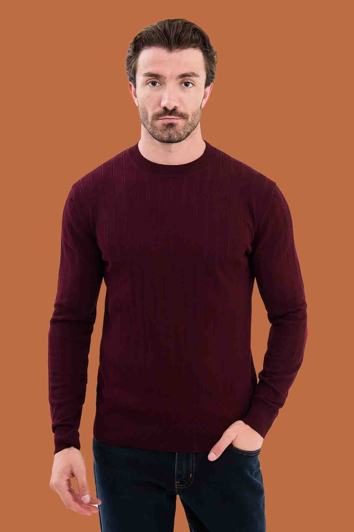 Burgundy Slim Fit Ribbed Knit Sweater for Men | S-XXL
