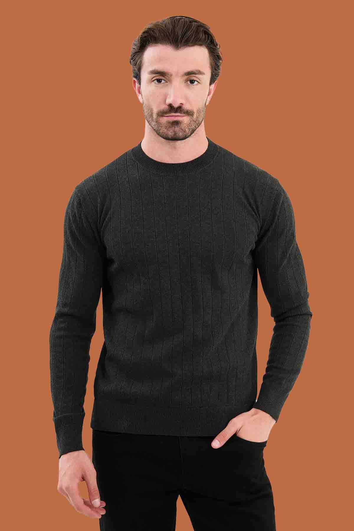 Charcoal Gray Slim Fit Ribbed Knit Sweater | S-XXL