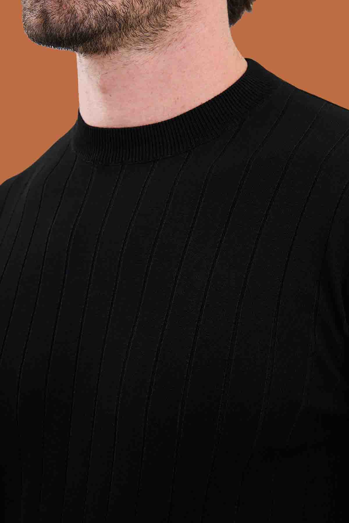 Black Slim Fit Ribbed Knit Sweater for Men | S-XXL