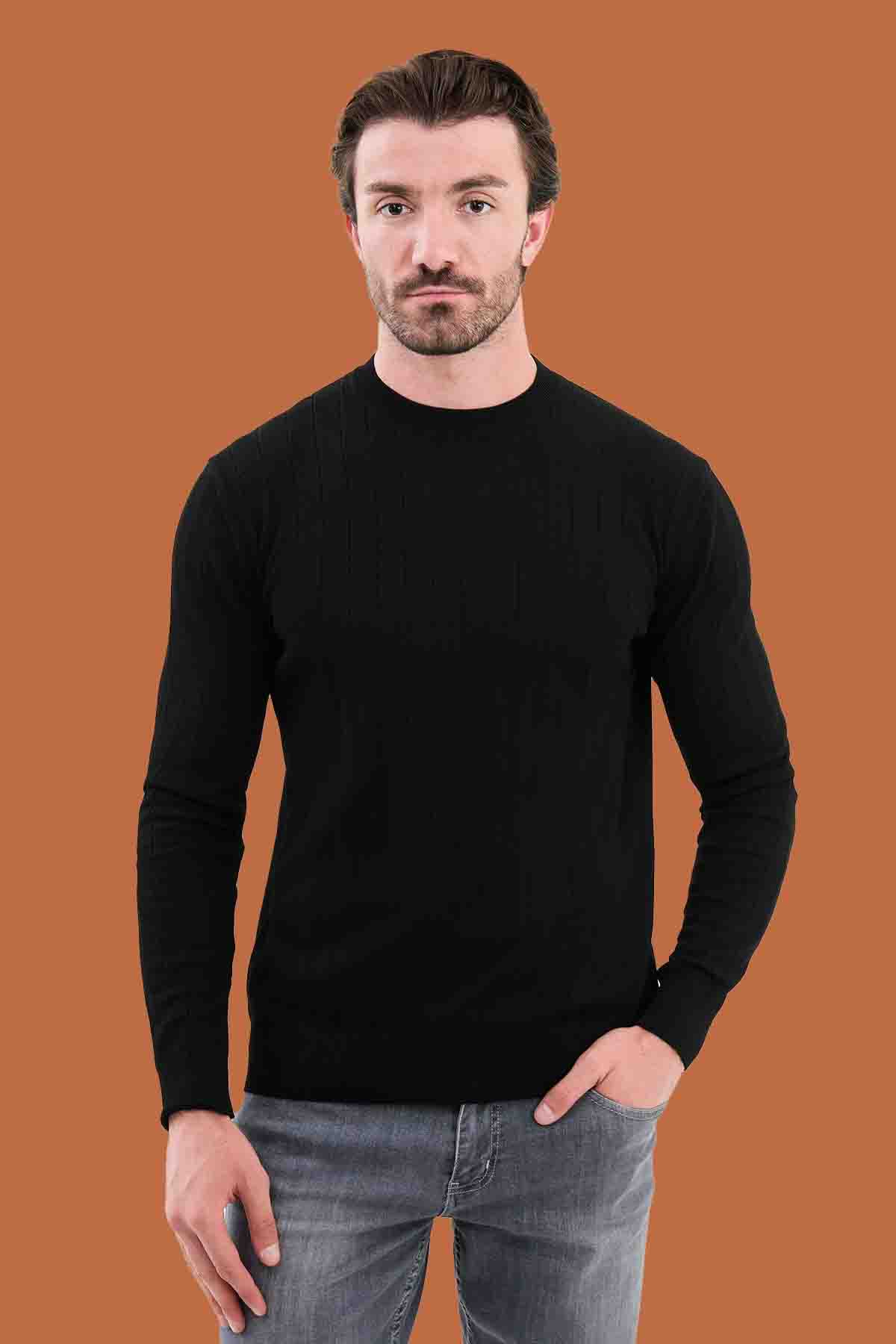 Black Slim Fit Ribbed Knit Sweater for Men | S-XXL