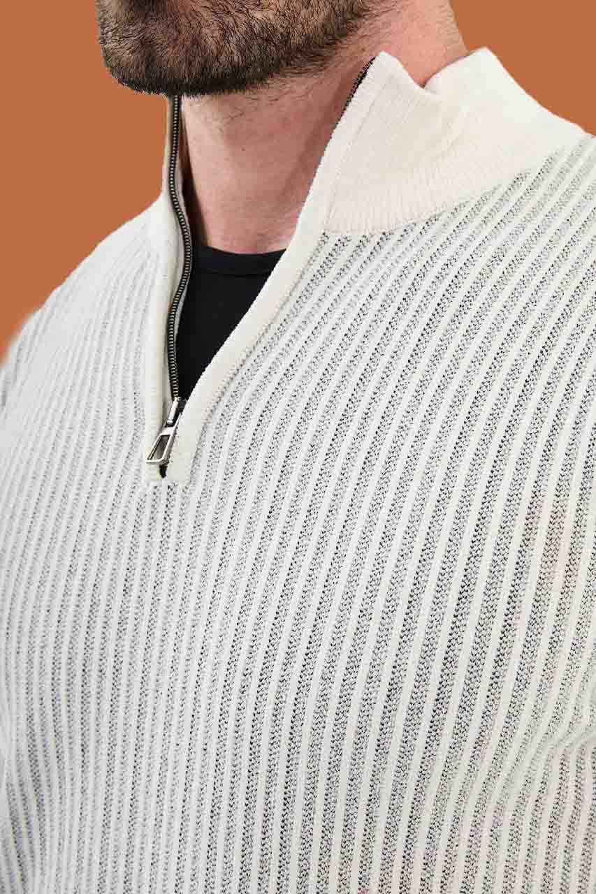 Ecru Slim Fit Ribbed Half-Zip Knit Sweater | S-XXL