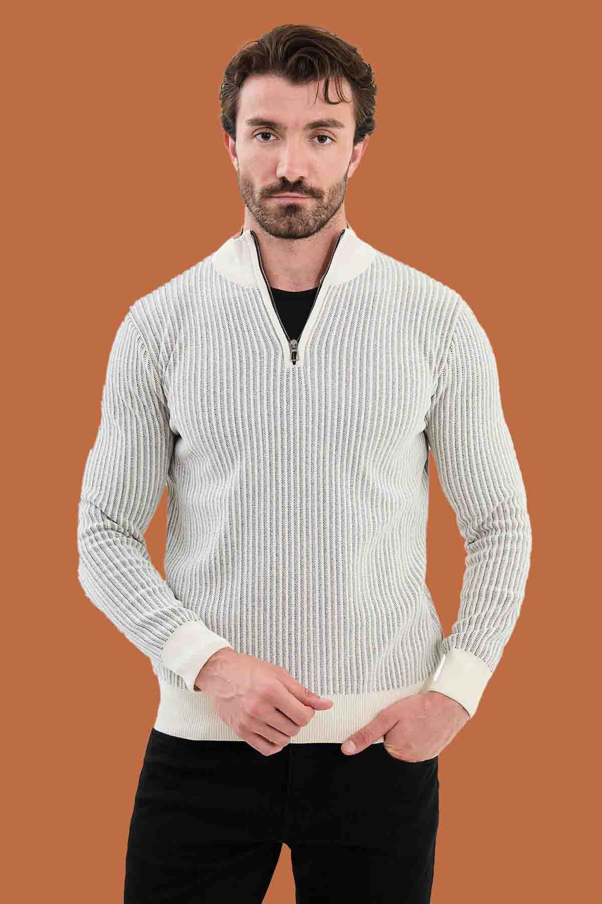 Ecru Slim Fit Ribbed Half-Zip Knit Sweater | S-XXL