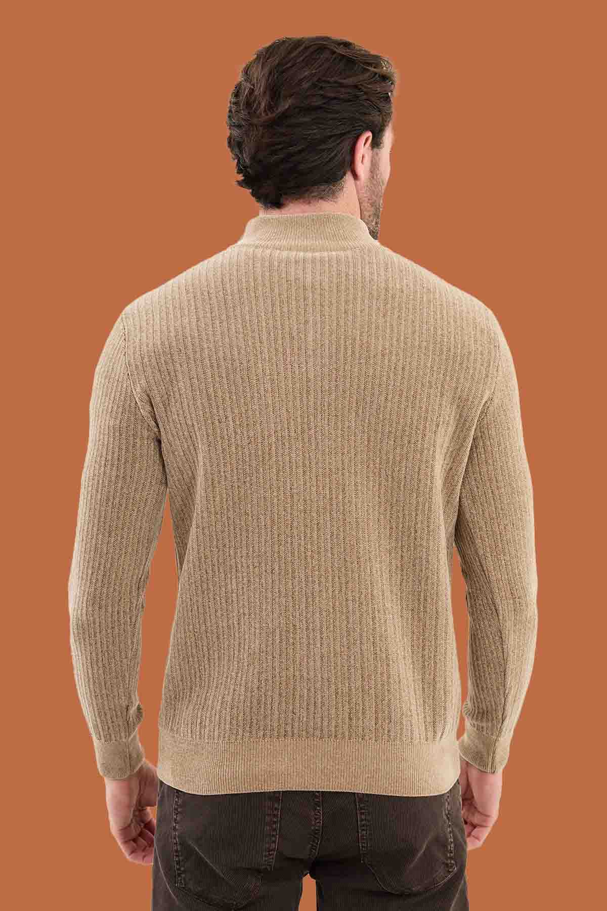 Heather Beige Slim Fit Ribbed Half-Zip Sweater | S-XXL