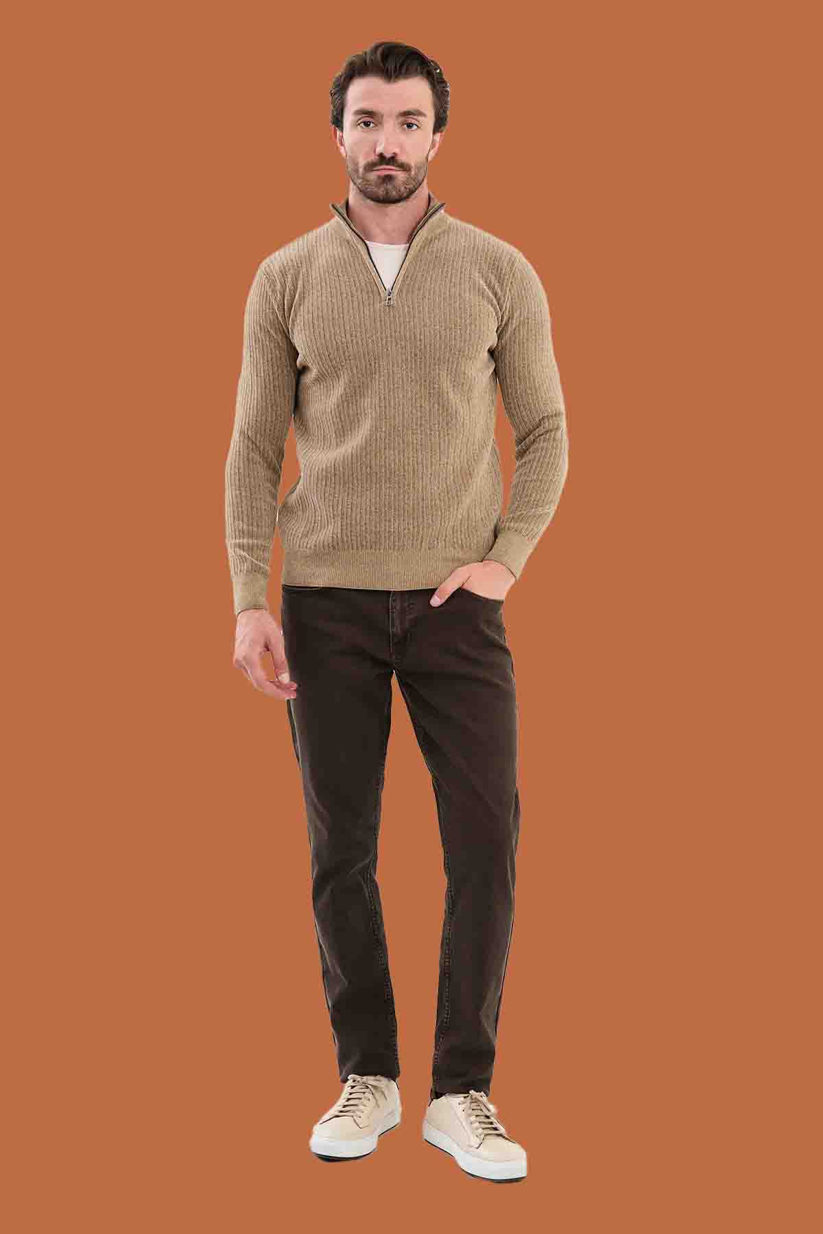 Heather Beige Slim Fit Ribbed Half-Zip Sweater | S-XXL