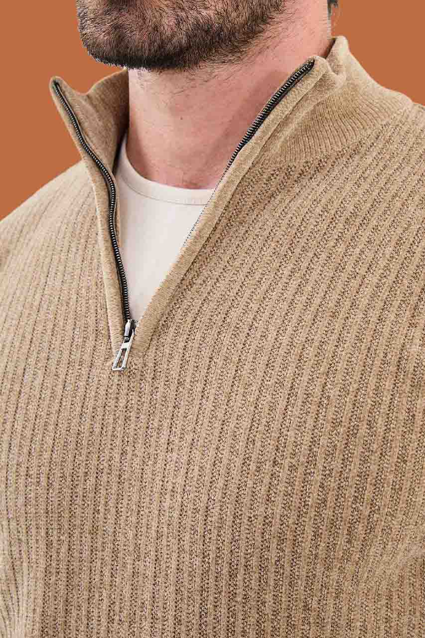 Heather Beige Slim Fit Ribbed Half-Zip Sweater | S-XXL