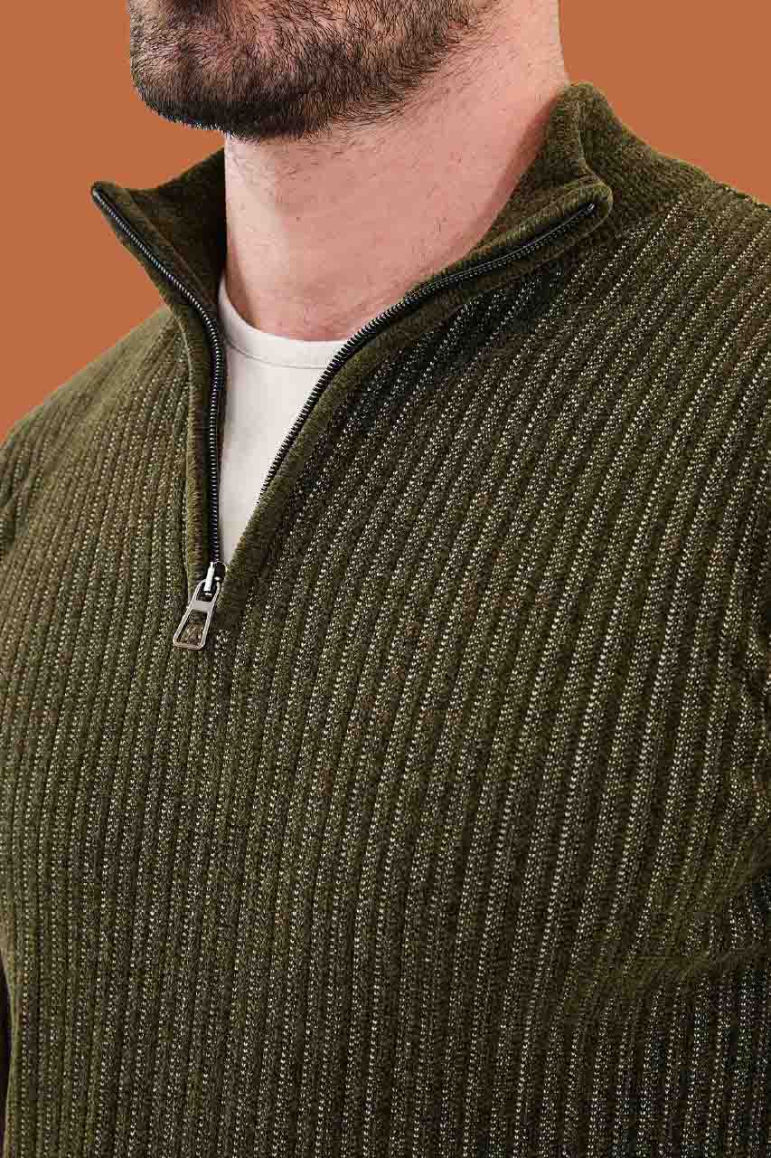 Khaki Slim Fit Ribbed Half-Zip Knit Sweater | S-XXL