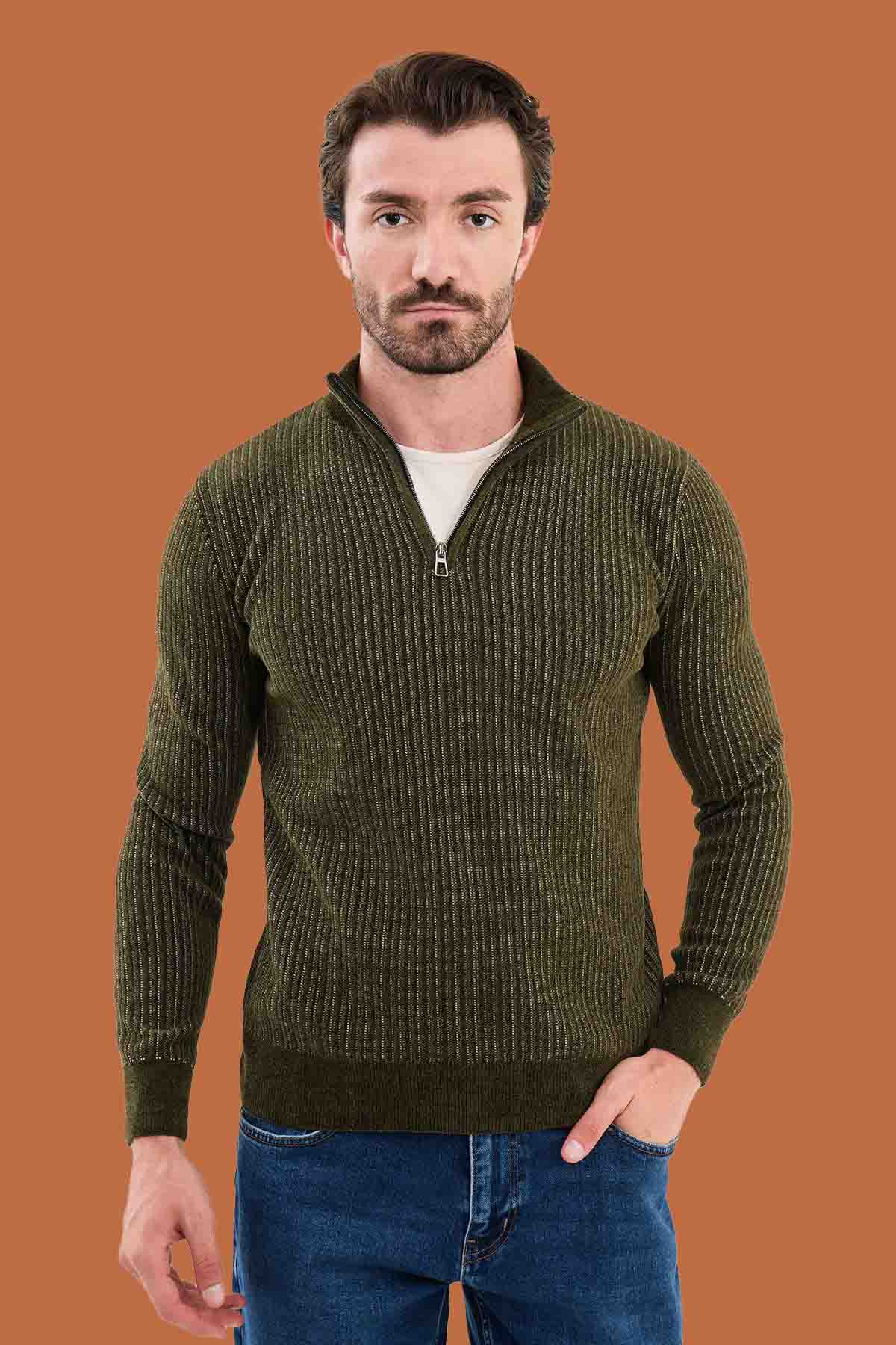 Khaki Slim Fit Ribbed Half-Zip Knit Sweater | S-XXL