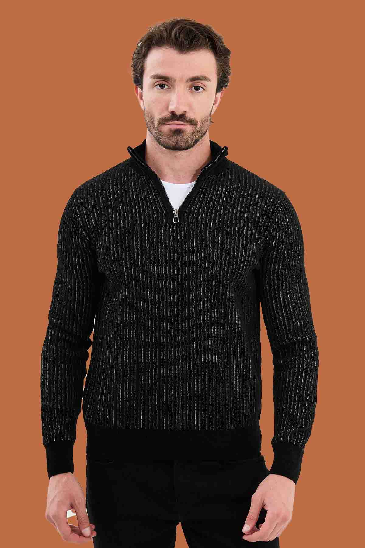 Black Slim Fit Ribbed Knit Sweater for Men | S-XXL