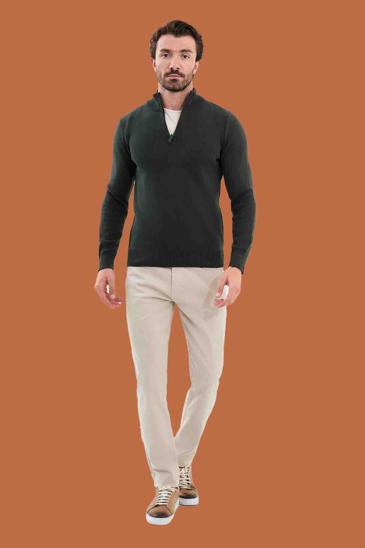 Men's Slim Fit Khaki Quarter-Zip Knitwear Sweater