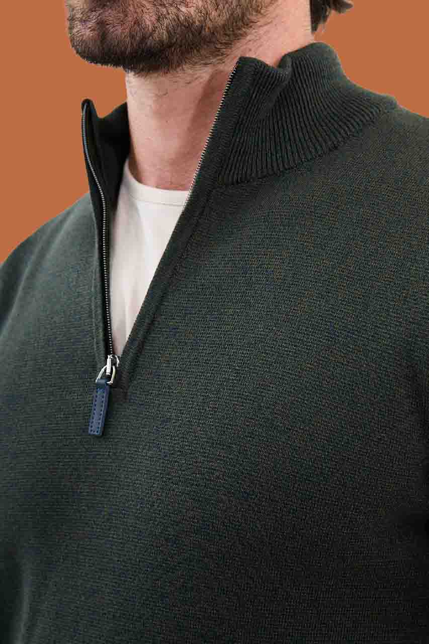 Men's Slim Fit Khaki Quarter-Zip Knitwear Sweater