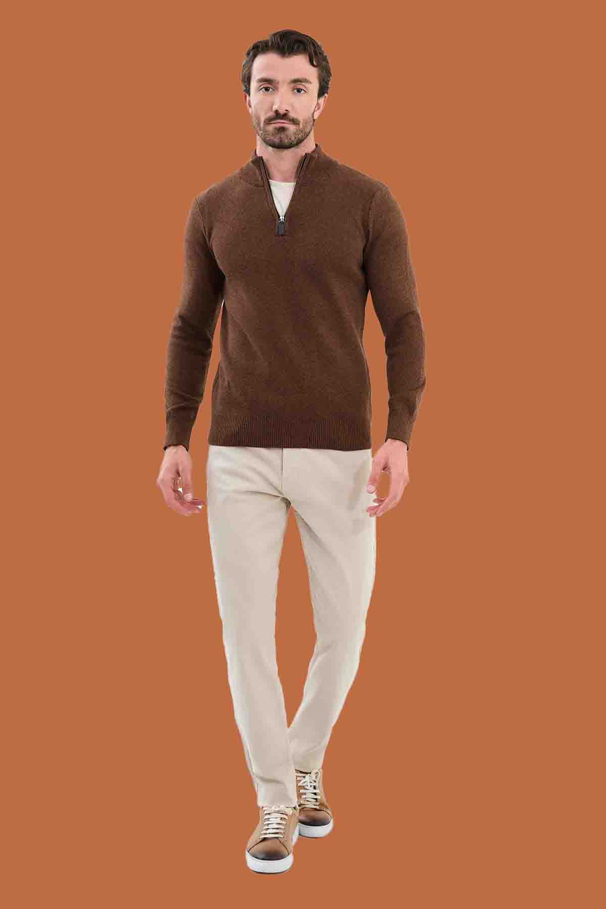 Men's Slim Fit Camel Quarter-Zip Knitwear Sweater