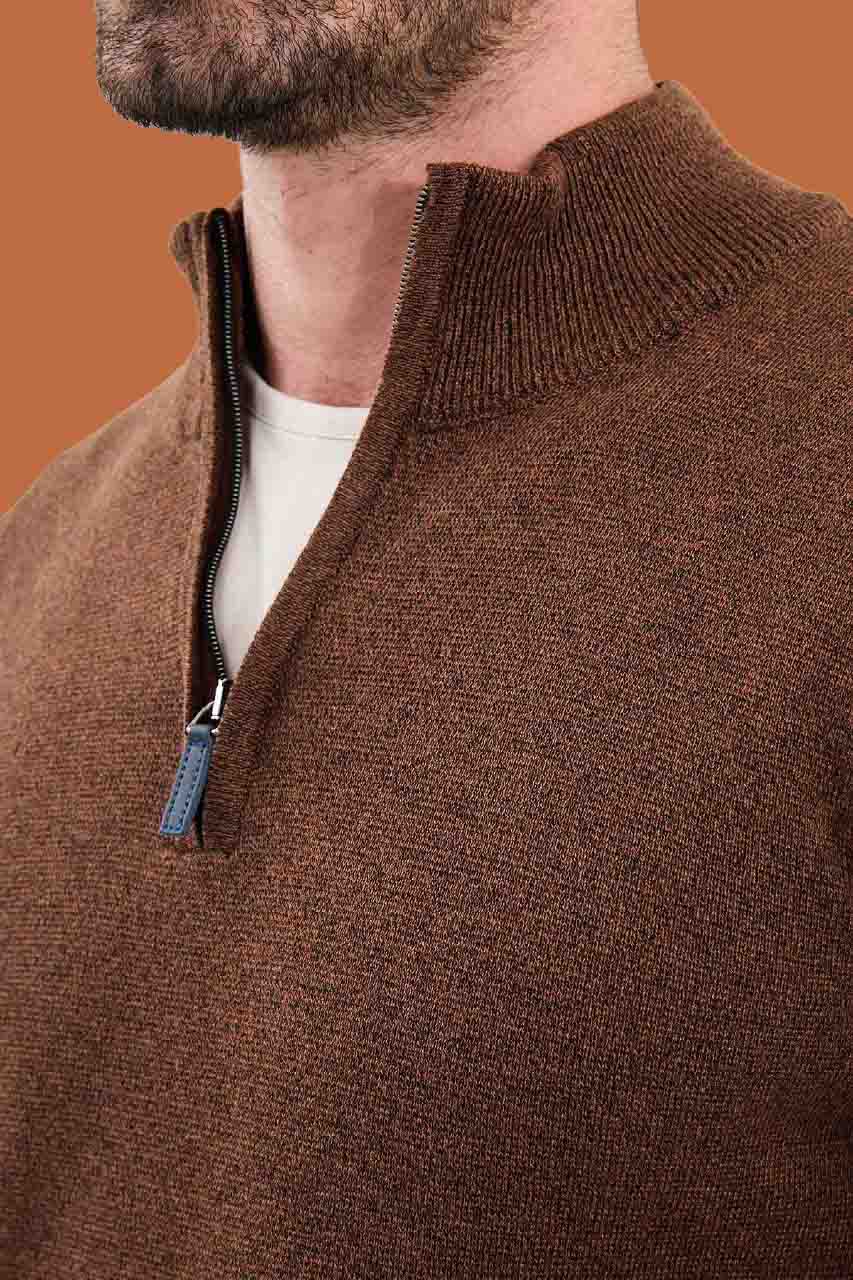 Men's Slim Fit Camel Quarter-Zip Knitwear Sweater