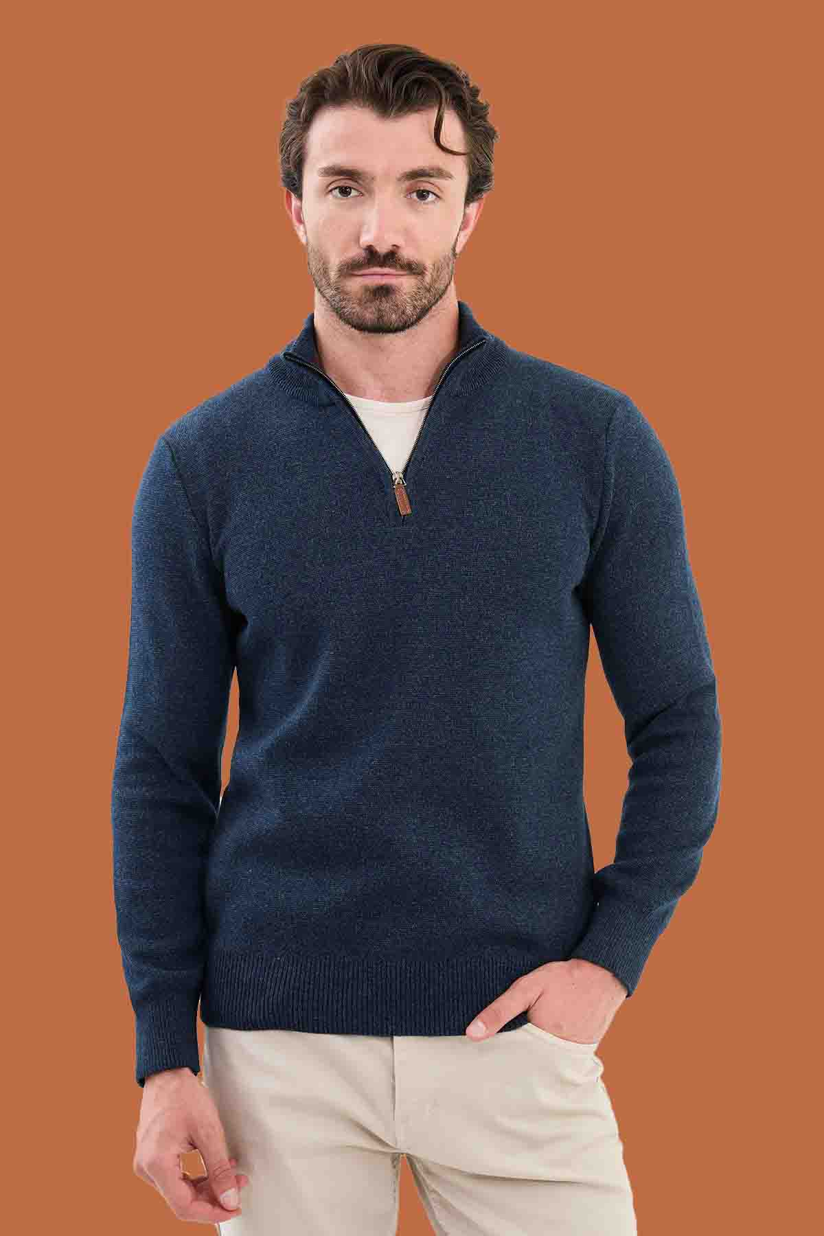 Navy Slim Fit Knit Quarter-Zip Pullover Sweater