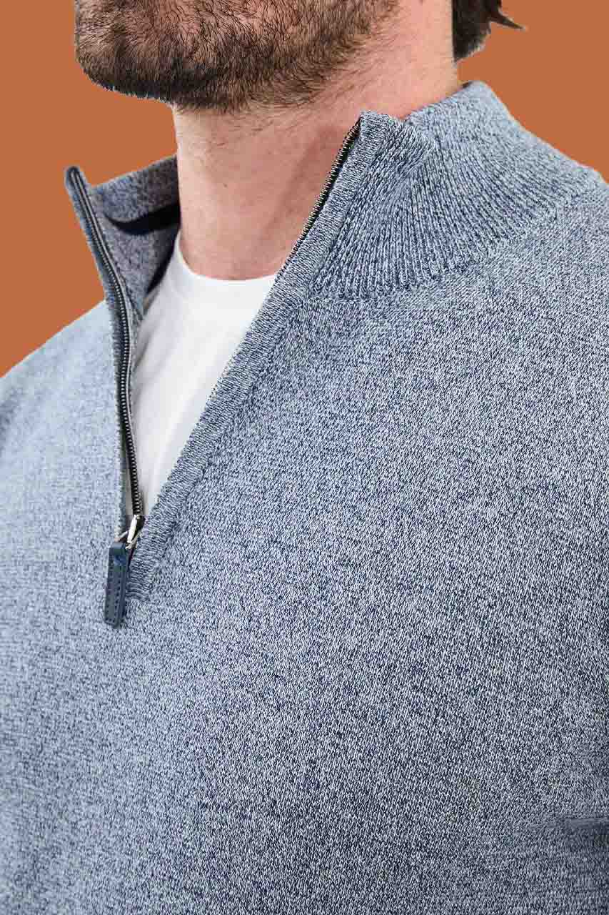 Men's Slim Fit Blue Quarter-Zip Knit Sweater