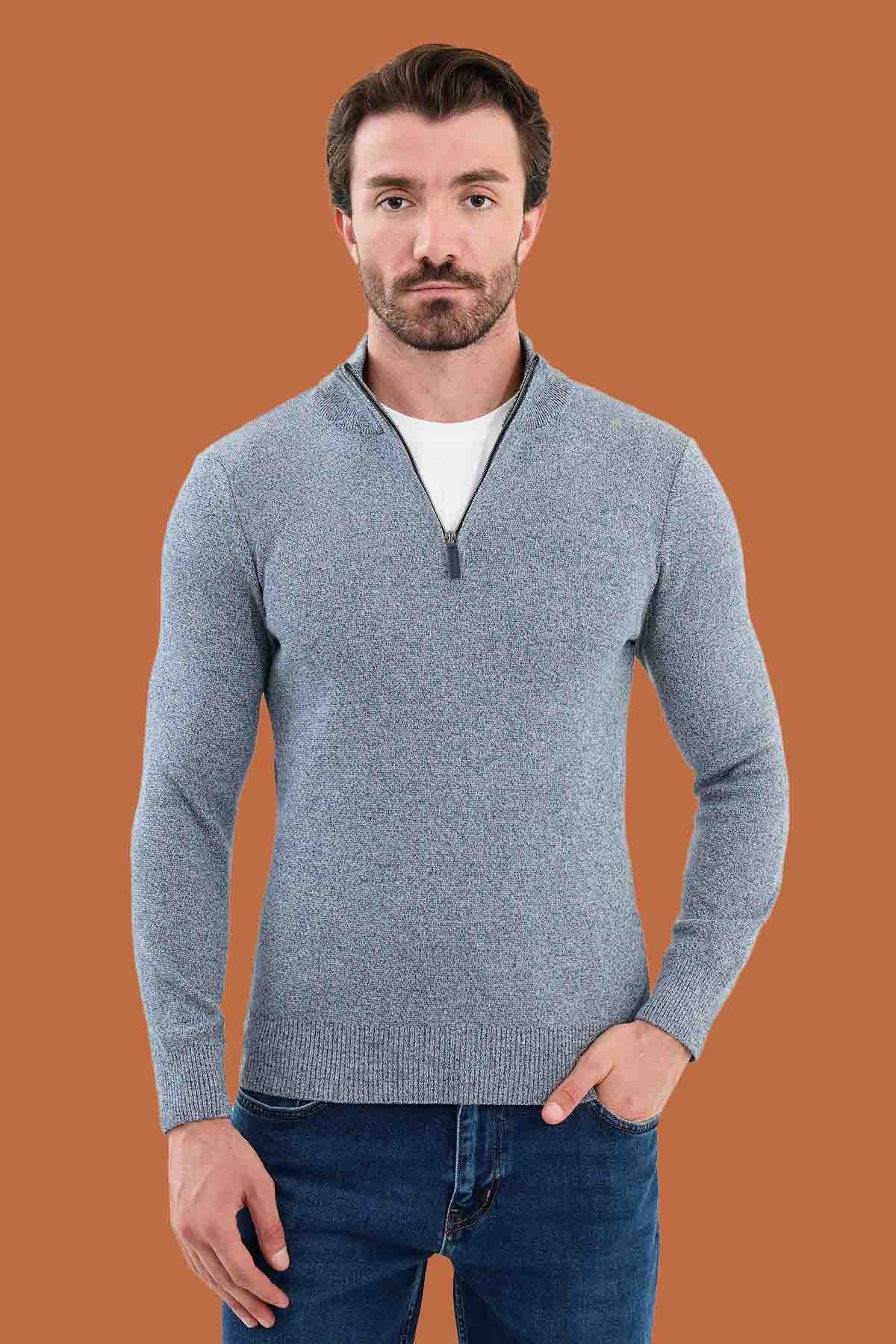 Men's Slim Fit Blue Quarter-Zip Knit Sweater