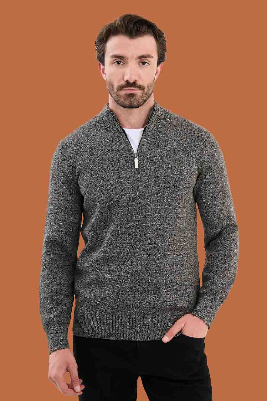 Men's Slim Fit Brown Marled Quarter-Zip Knit Sweater