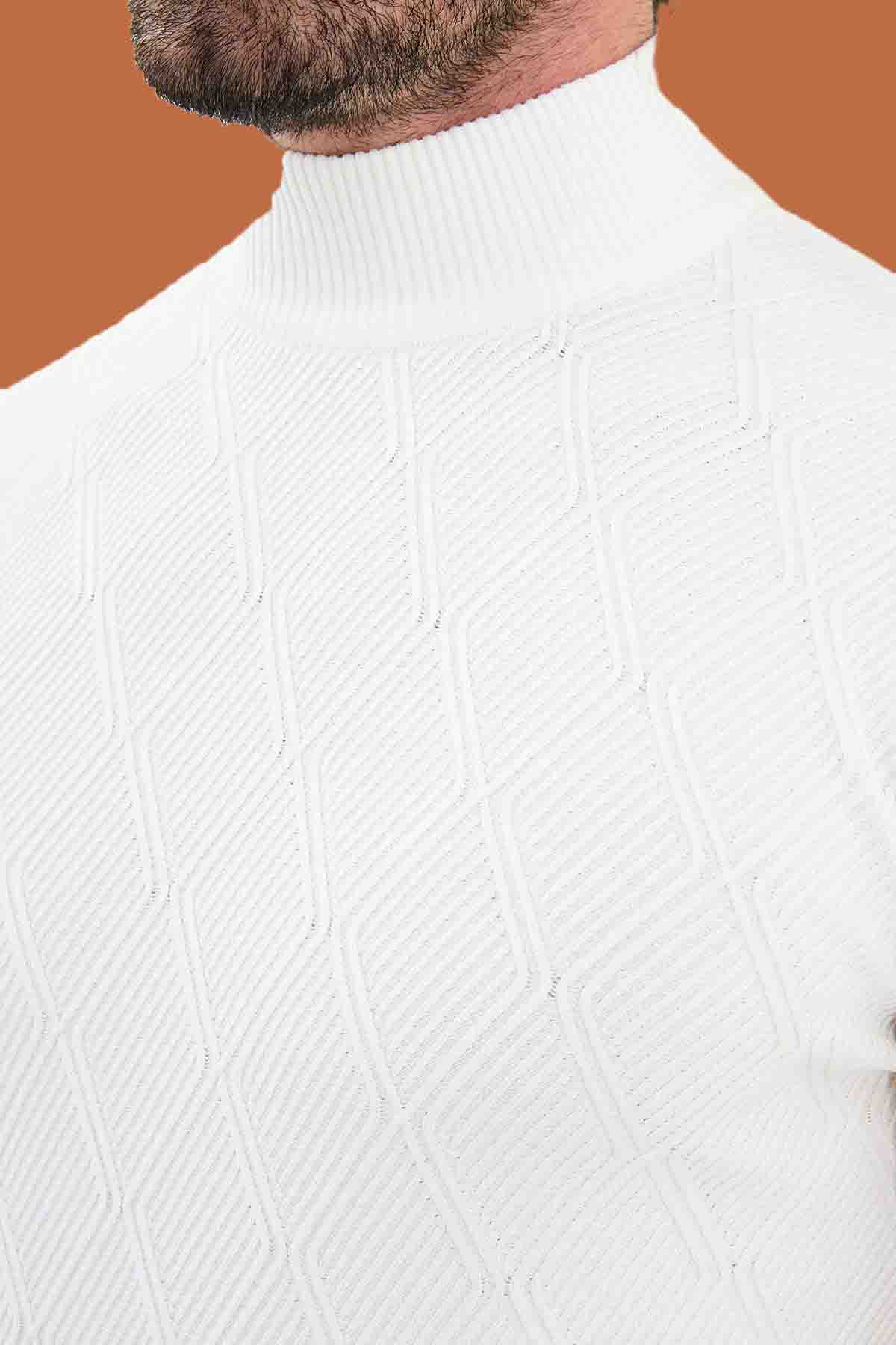 White Slim Fit Mock Neck Textured Knit Sweater