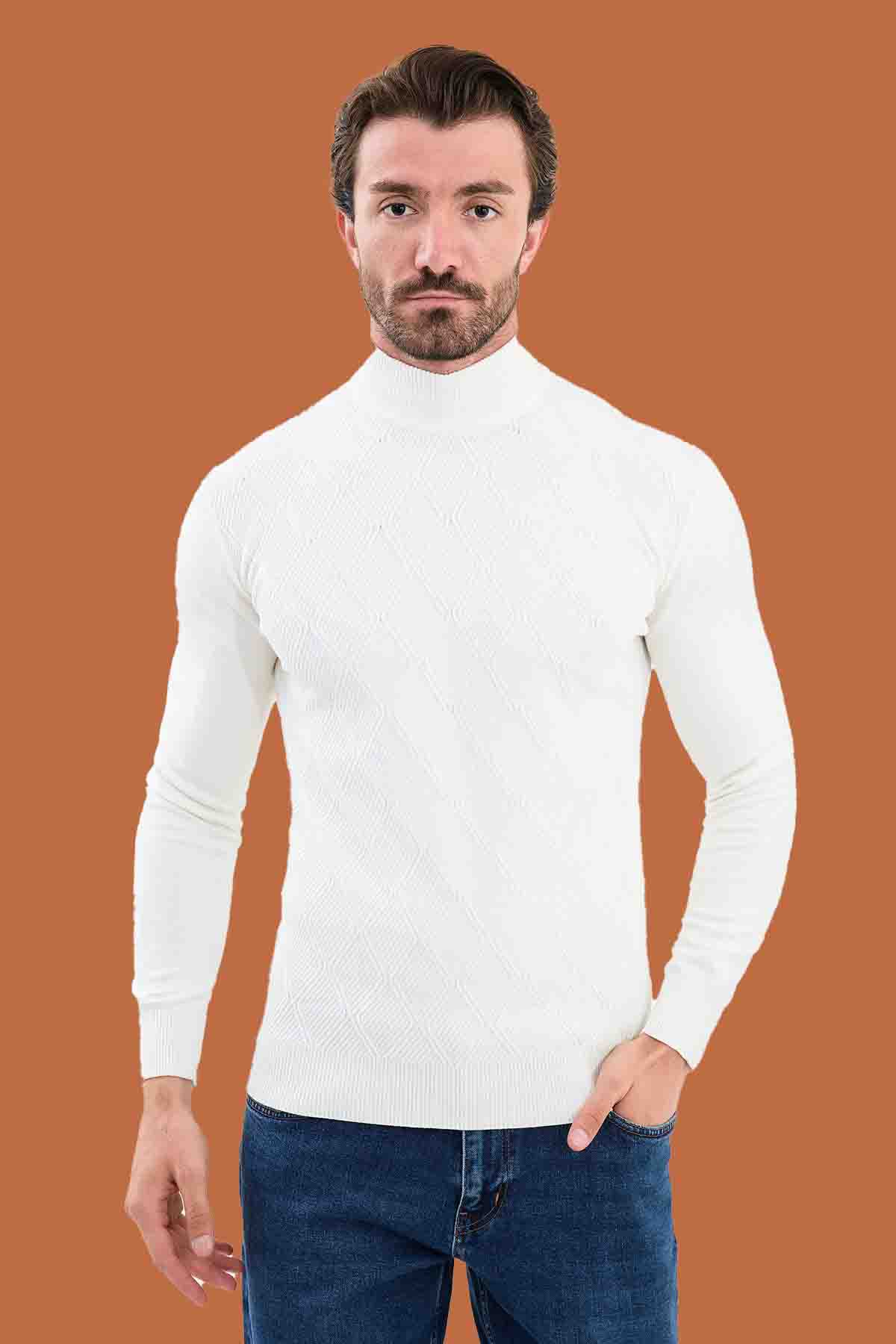 White Slim Fit Mock Neck Textured Knit Sweater