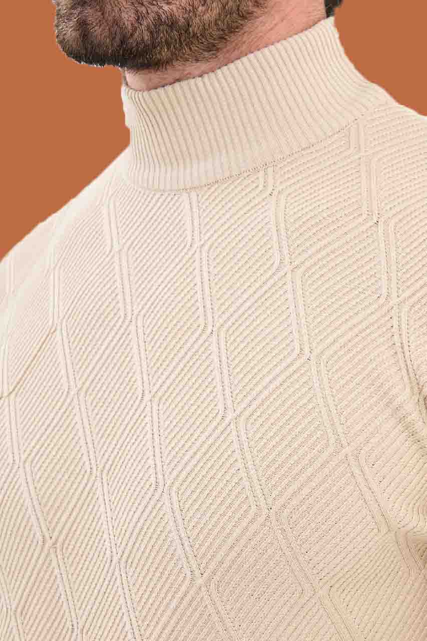 Beige Slim Fit Mock Neck Diamond Textured Sweater