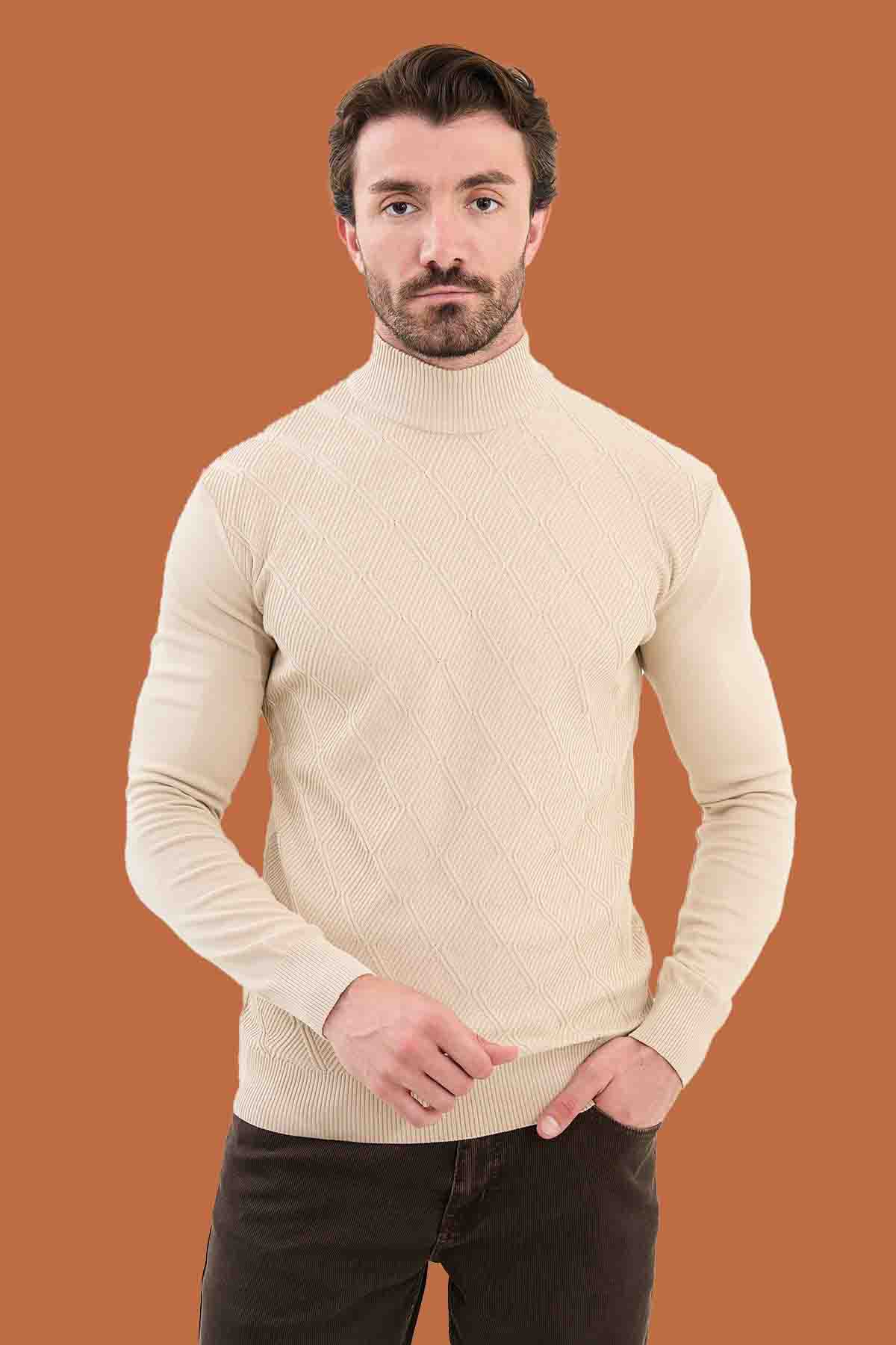 Beige Slim Fit Mock Neck Diamond Textured Sweater