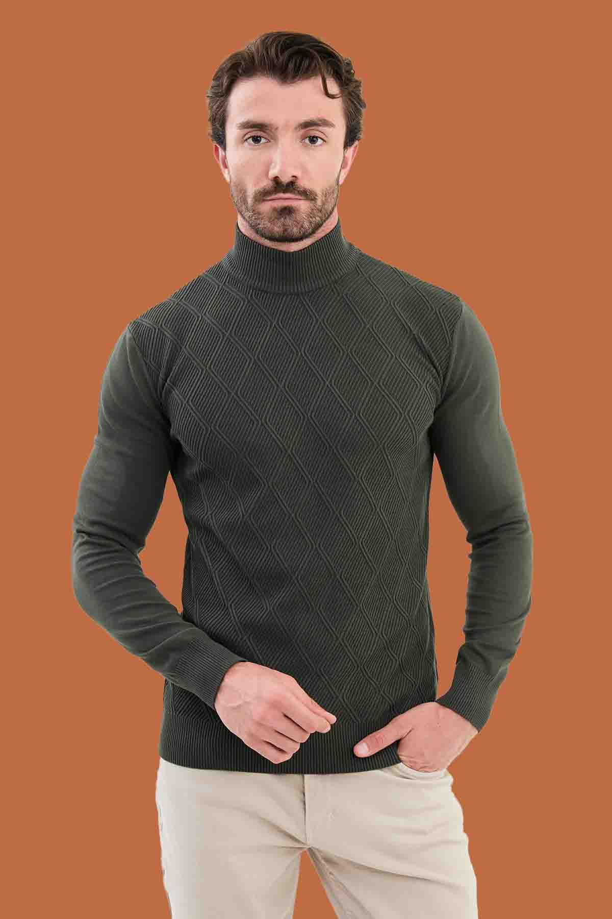 Khaki Slim Fit Mock Neck Diamond Knit Sweater