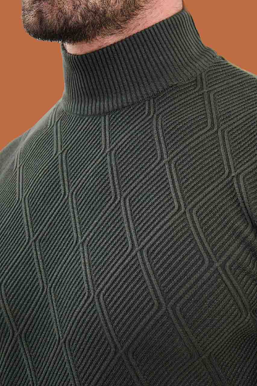 Khaki Slim Fit Mock Neck Diamond Knit Sweater