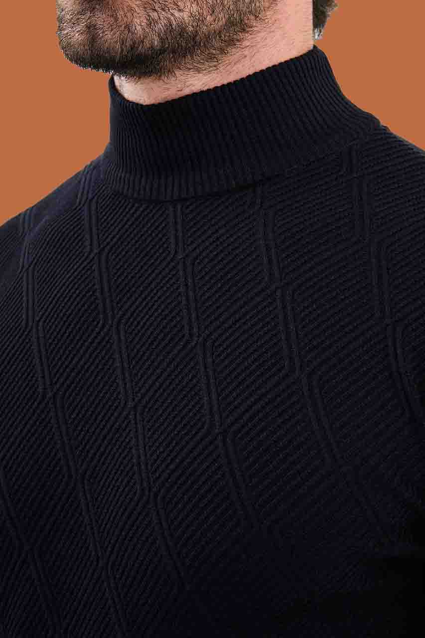 Navy Slim Fit Mock Neck Textured Diamond Sweater
