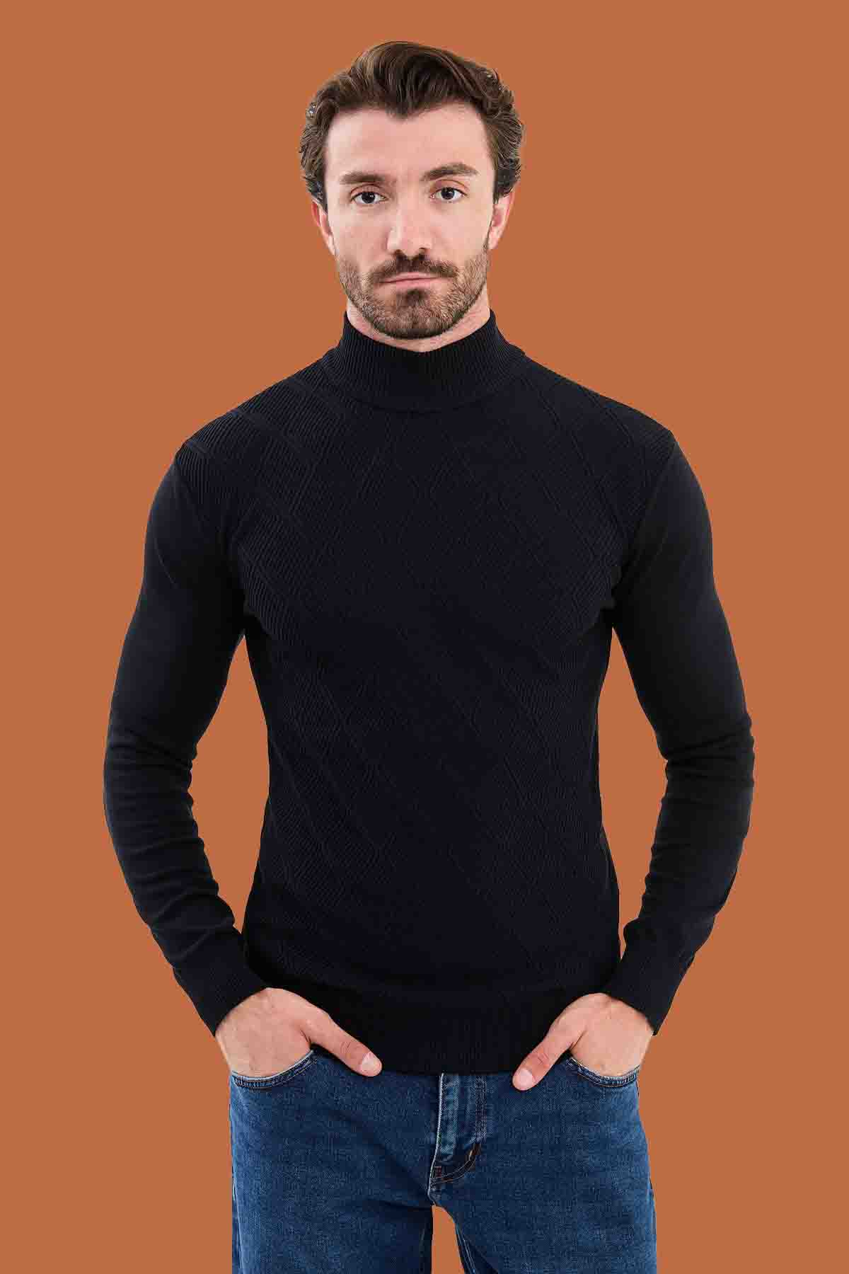 Navy Slim Fit Mock Neck Textured Diamond Sweater