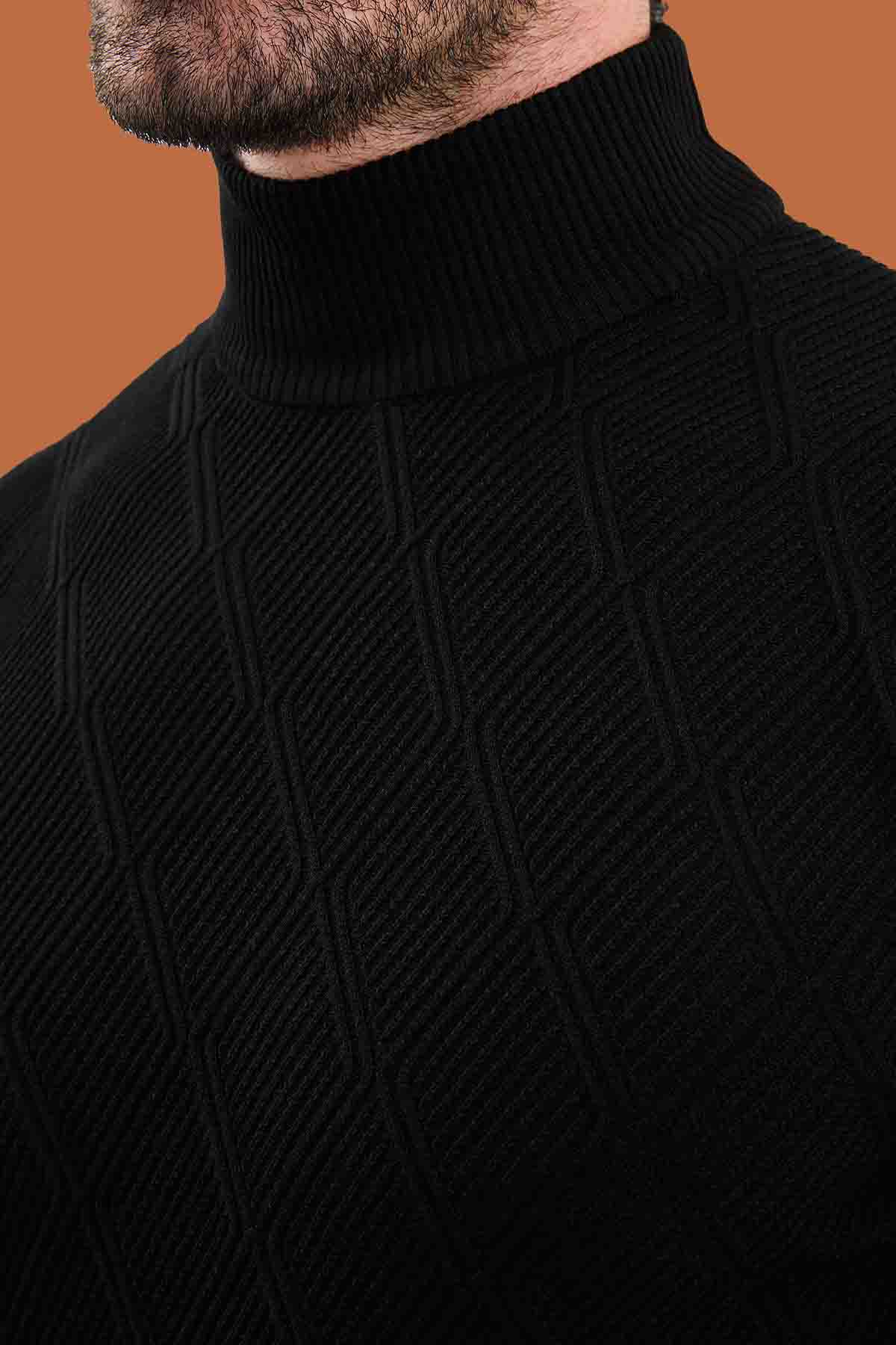Black Slim Fit Mock Neck Textured Diamond Sweater