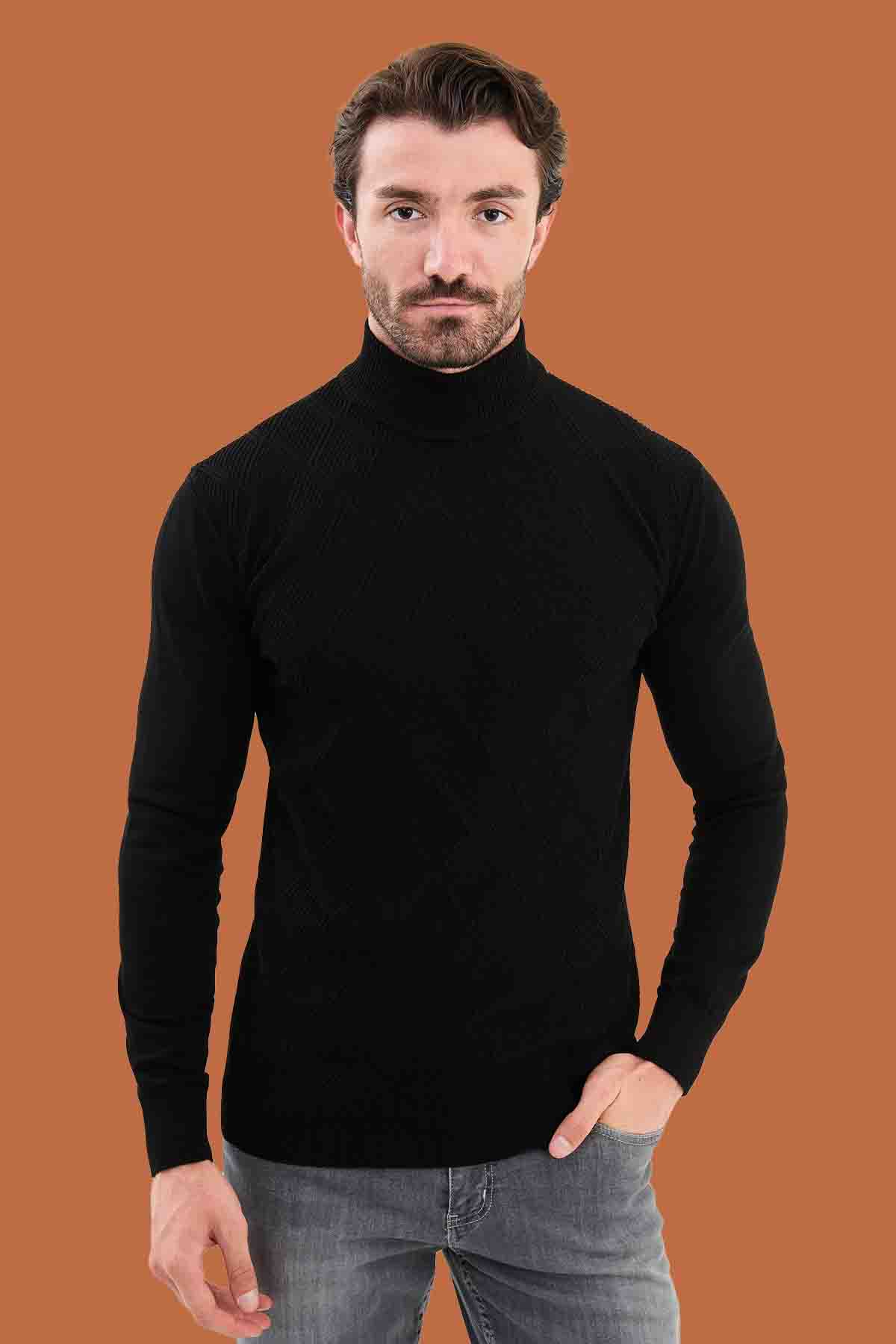 Black Slim Fit Mock Neck Textured Diamond Sweater