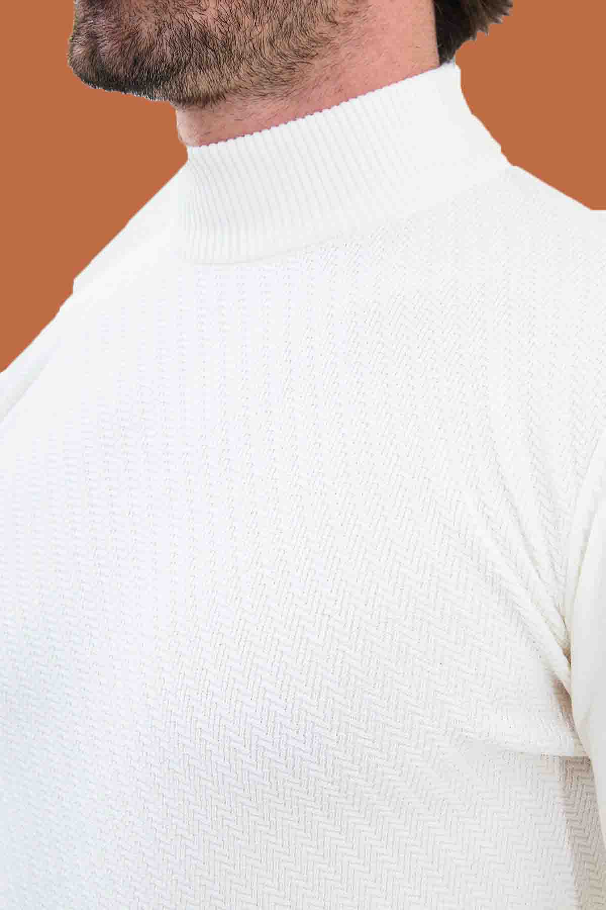 White Slim Fit Mock Neck Herringbone Knit Sweater