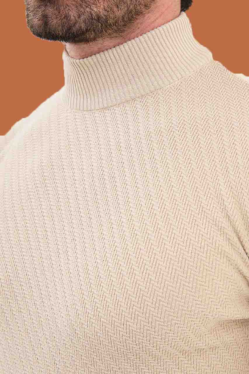 Men's Slim Fit Beige Mock Neck Knit Sweater - S-XXL