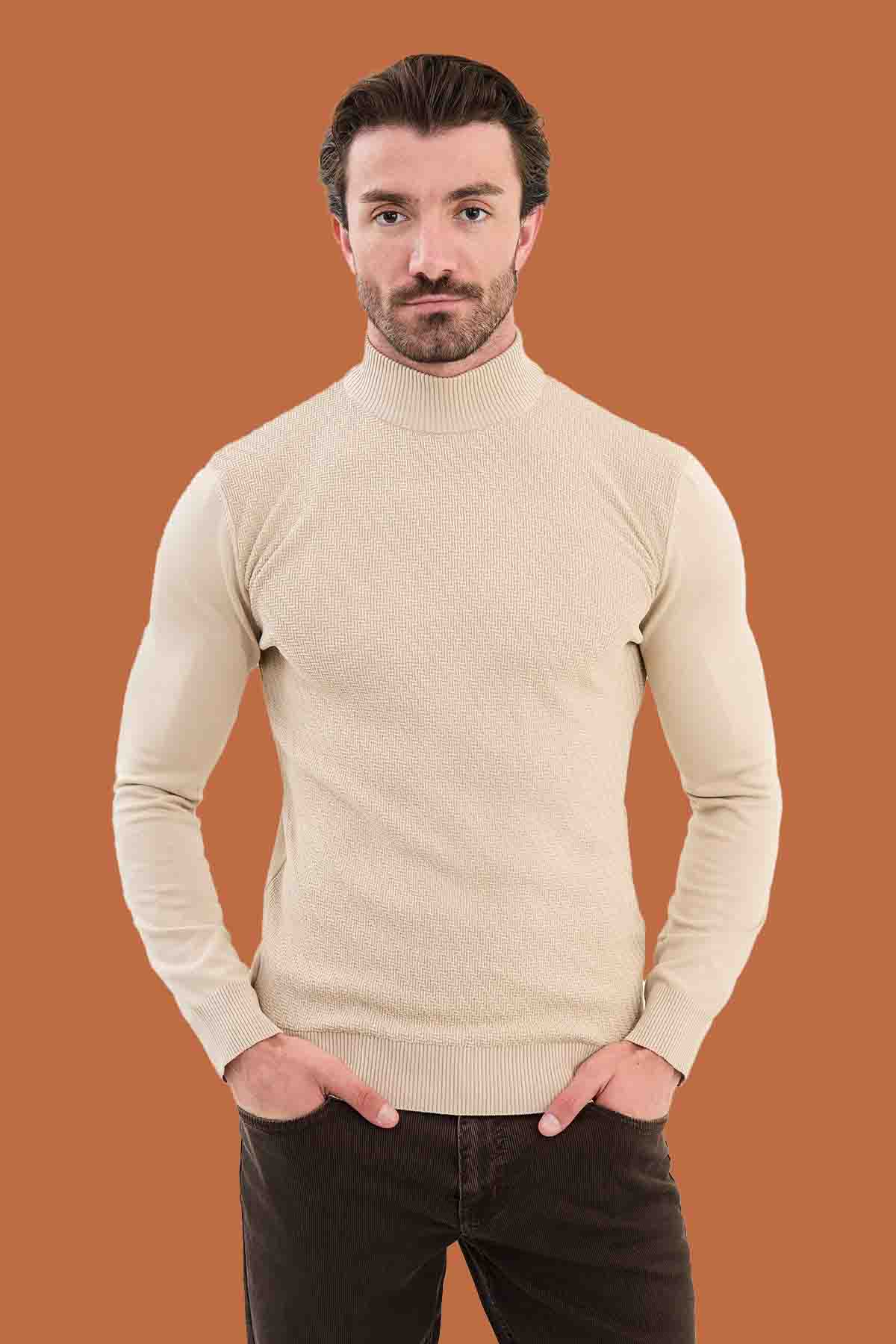 Men's Slim Fit Beige Mock Neck Knit Sweater - S-XXL