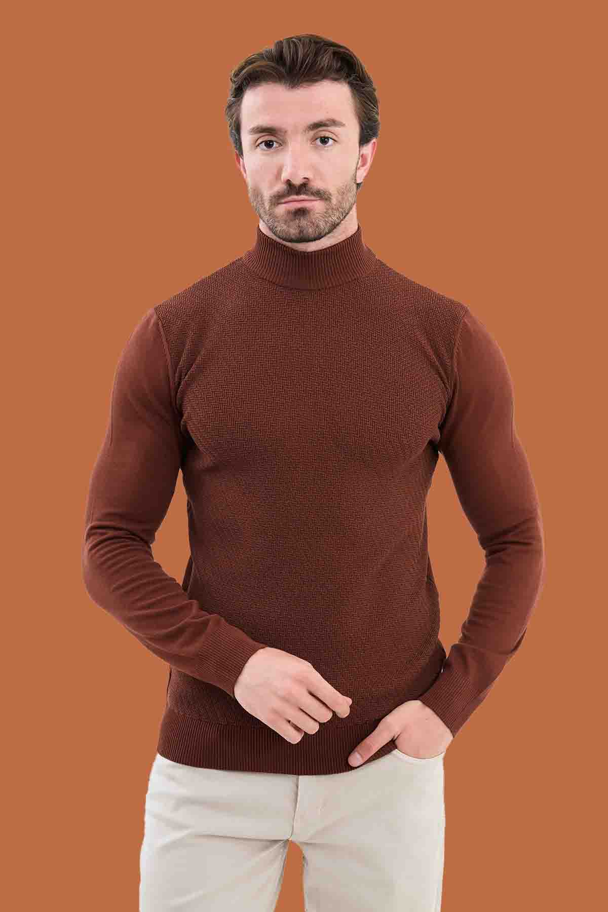 Men's Slim Fit Tile Brown Mock Neck Knit Sweater - S-XXL