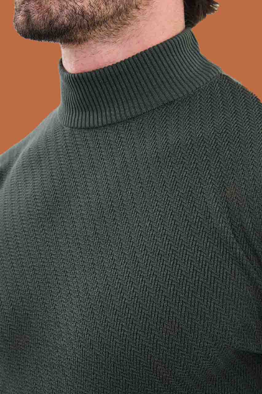 Men's Slim Fit Khaki Green Mock Neck Knit Sweater