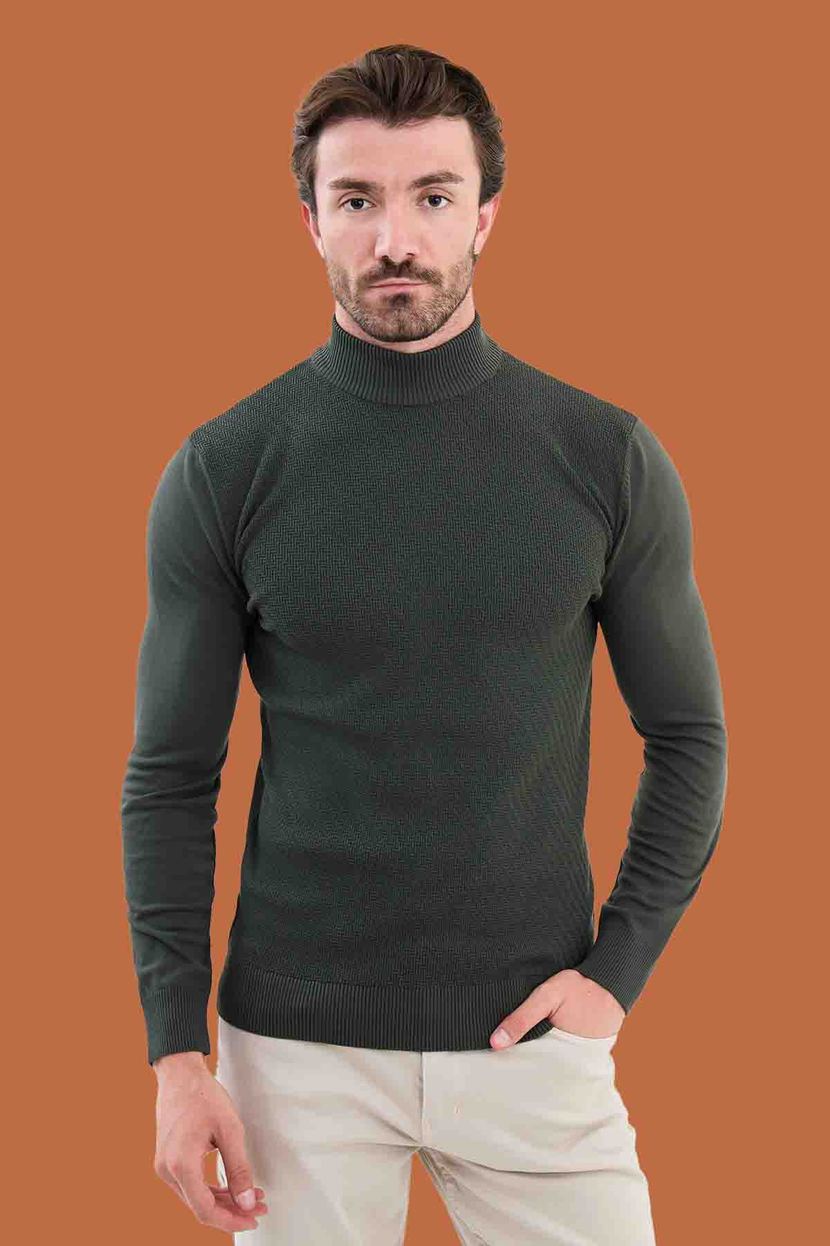 Men's Slim Fit Khaki Green Mock Neck Knit Sweater
